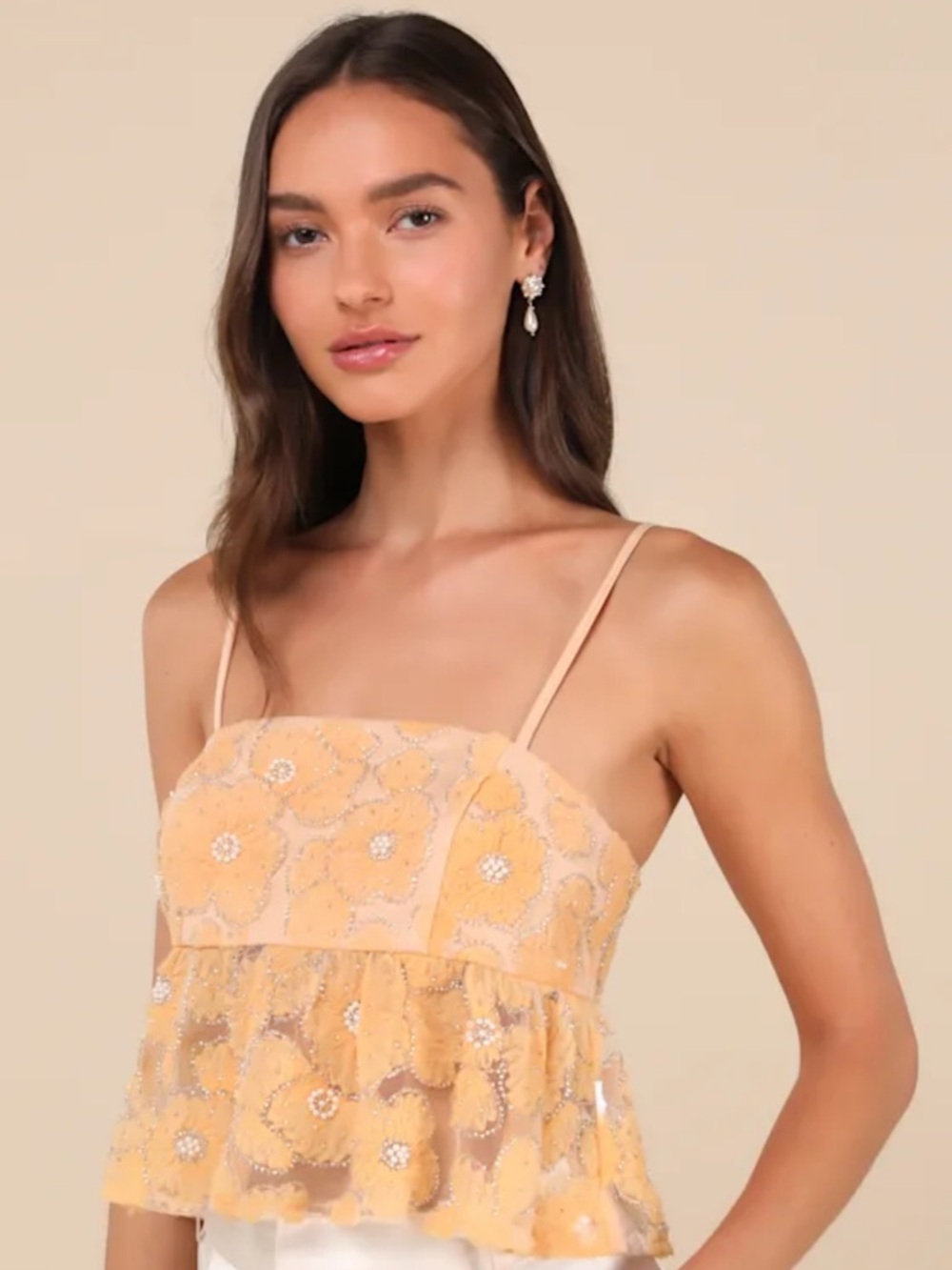 Lulu's Beaded Floral Lace Peplum Cami - Orange